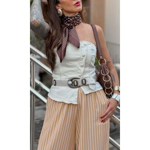 Calça Wide Leg Elástico Listrada - Amarelo/Branco