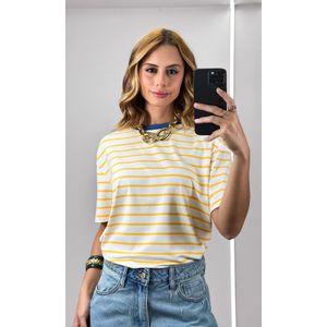 Camiseta Listrada Gola Azul - Amarelo/Branco