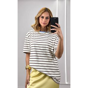 Camiseta Listrada Gola Azul - Marrom/Branco