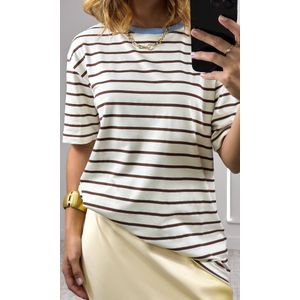 Camiseta Listrada Gola Azul - Marrom/Branco