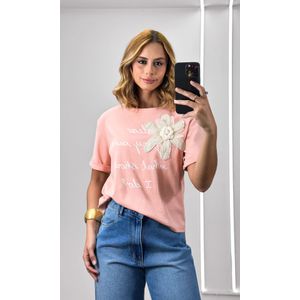 Blusa Malha Flor Crochê e Escrita - Rosa Blush