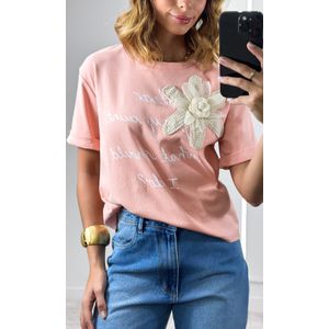 Blusa Malha Flor Crochê e Escrita - Rosa Blush