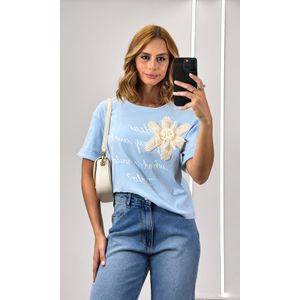 Blusa Malha Flor Crochê e Escrita - Azul