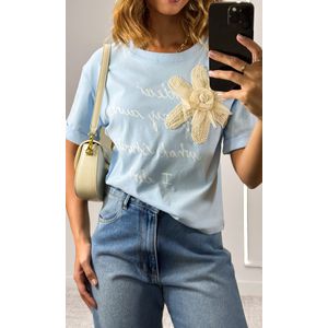 Blusa Malha Flor Crochê e Escrita - Azul