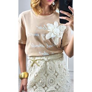 Blusa Malha Flor Crochê e Escrita - Caqui