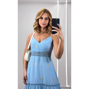 Vestido Evase Barra Guipir - Azul Candy
