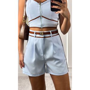 Conjunto Bicolor Cropped e Short - Azul/Marrom