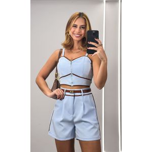 Conjunto Bicolor Cropped e Short - Azul/Marrom