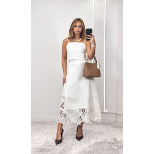 Conjunto Cropped e Saia Guipir Flores - Branco