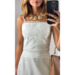 Conjunto Cropped e Saia Guipir Flores - Branco