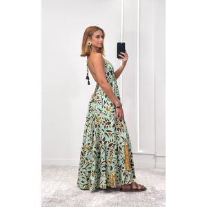 Vestido Indiano Cavado - Azul Água/Marrom