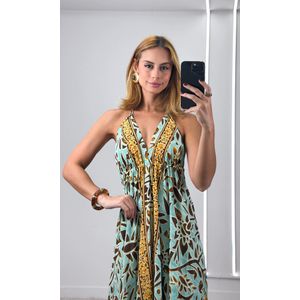 Vestido Indiano Cavado - Azul Água/Marrom