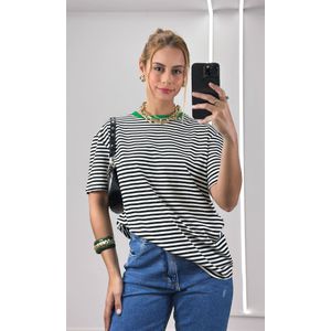 Camiseta Listra Fina Gola Verde - Preto/Branco