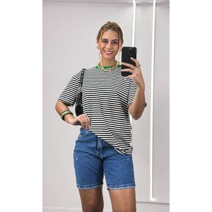 Camiseta Listra Fina Gola Verde - Preto/Branco