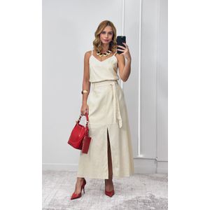 Conjunto Blusa e Saia Cinto Crochê - Bege
