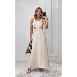 Vestido Cut Out com Crochê - Bege