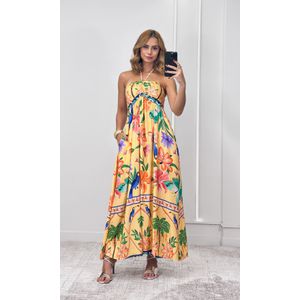 Vestido Decote Franzido Estampado - Laranja/Verde/Azul