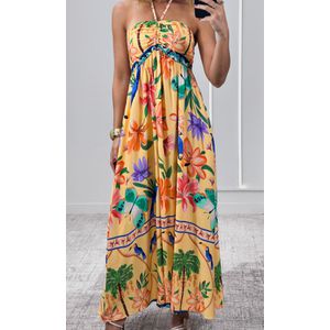 Vestido Decote Franzido Estampado - Laranja/Verde/Azul
