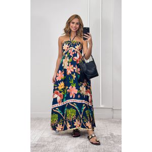 Vestido Decote Franzido Estampado - Azul Marinho/Verde/Laranja
