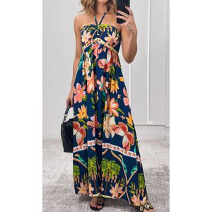 Vestido Decote Franzido Estampado - Azul Marinho/Verde/Laranja