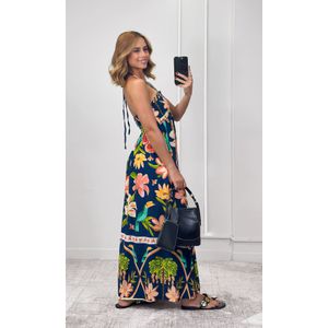Vestido Decote Franzido Estampado - Azul Marinho/Verde/Laranja