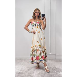 Vestido Frente Única Franzida Estampa - Off/Verde/Rosa