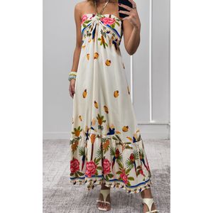 Vestido Frente Única Franzida Estampa - Off/Verde/Rosa