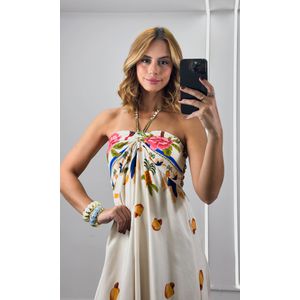 Vestido Frente Única Franzida Estampa - Off/Verde/Rosa