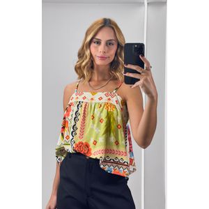 Blusa Alça Fina Estampada - Verde Claro/Bege/Laranja