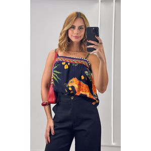 Blusa Alça Fina Estampada - Azul Marinho/Laranja/Verde