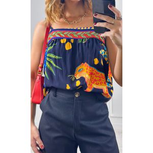 Blusa Alça Fina Estampada - Azul Marinho/Laranja/Verde