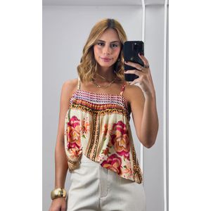 Blusa Alça Fina Estampada - Verde Claro/Rosa/Laranja