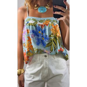 Blusa Alça Fina Estampada - Azul Claro/Laranja/Lilás