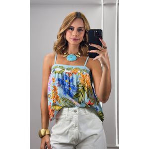 Blusa Alça Fina Estampada - Azul Claro/Laranja/Lilás