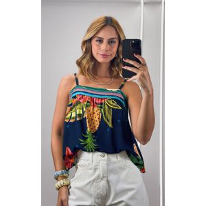 Blusa Alça Fina Estampada - Azul Marinho/Laranja/Azul