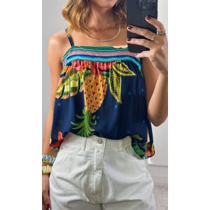 Blusa Alça Fina Estampada - Azul Marinho/Laranja/Azul