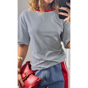 Camiseta Listra Fina Gola Vermelho - Azul Marinho/Branco