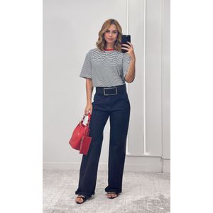 Camiseta Listra Fina Gola Vermelho - Preto/Branco