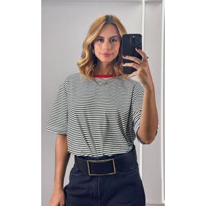 Camiseta Listra Fina Gola Vermelho - Preto/Branco