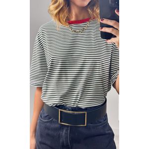 Camiseta Listra Fina Gola Vermelho - Preto/Branco