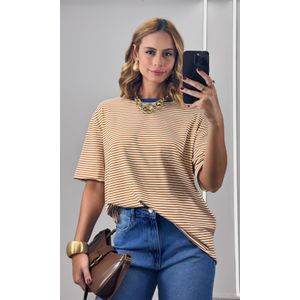 Camiseta Listra Fina Gola Azul Marinho - Camel/Branco