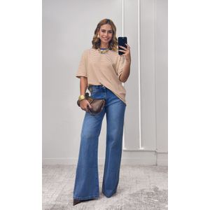 Camiseta Listra Fina Gola Azul Marinho - Camel/Branco