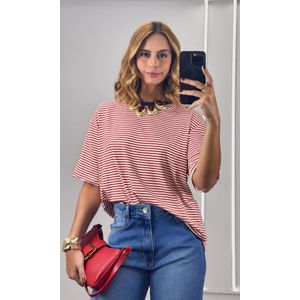 Camiseta Listra Fina Gola Azul Marinho - Vermelho/Branco