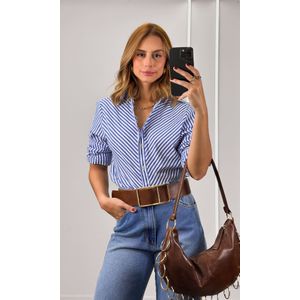 Camisa Listrada com Gola - Azul/Branco