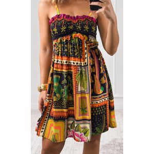 Vestido Busto Lastex Estampa - Azul Marinho/Verde/Laranja