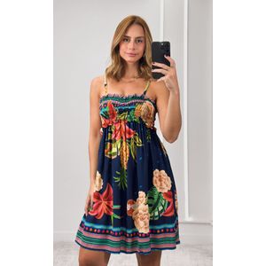 Vestido Busto Lastex Estampa - Azul Marinho/Verde/Vermelho