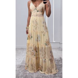 Vestido Longo Chiffon Estampado - Amarelo/Bege