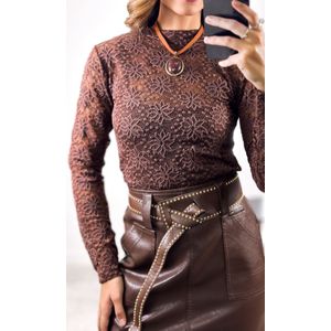 Blusa Rendada Gola Alta - Marrom