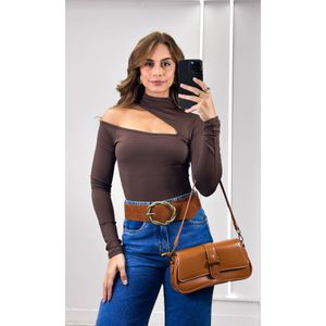Body Poliamida Assimétrico Gola - Marrom