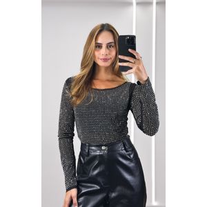 Body Tule Manga Longa com Brilho - Preto